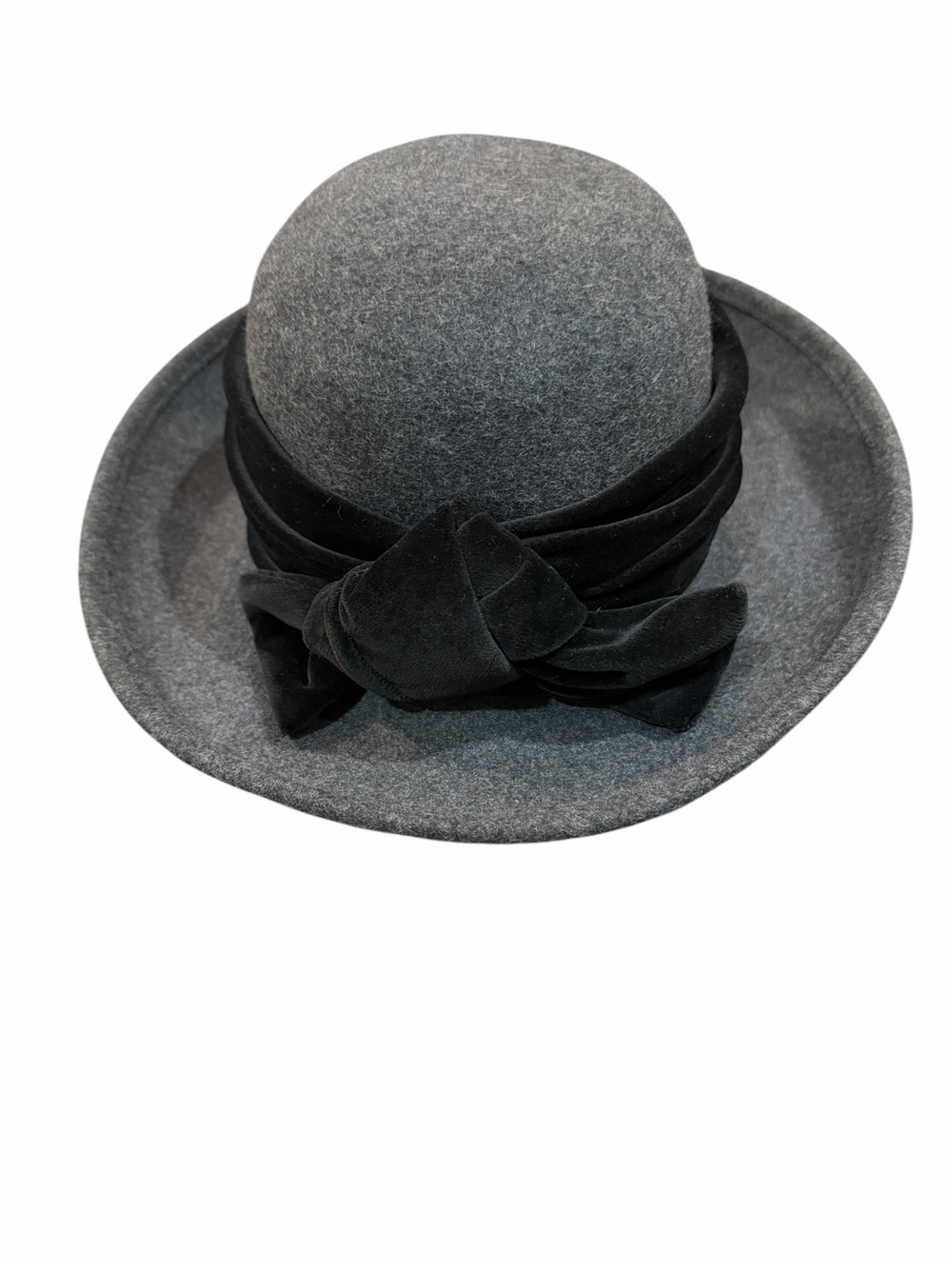 Vintage Laura Ashley 100% Wool Bowler Cloche Hat Gray Black Velvet Bow